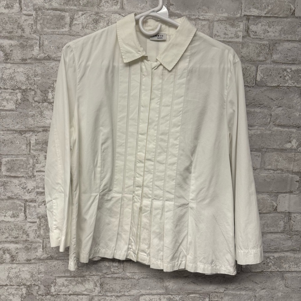 Akris Punto Button Up Pleated Blouse White Women’s Size 12 100% Baumwolle Cotton